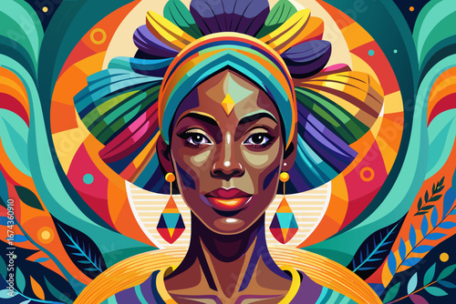 vector of Abstract painting concept of a colorful artistic portrait of a black woman in a modern turban. African culture...