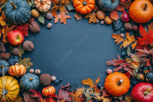 Vibrant Autumn Arrangement With Pumpkins, Gourds, and Fallen Leaves on a Dark...
