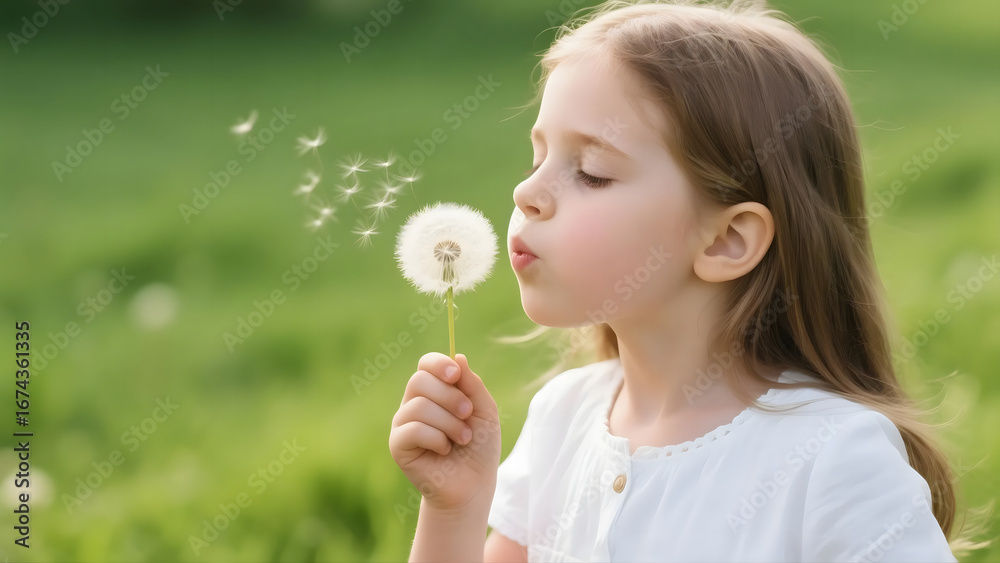 Girl blowing dandelion in field Girl blowing dandelion in field