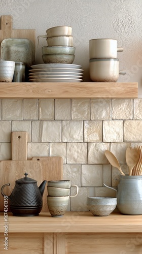 Minimalist Kitchen Display Featuring Rustic Ceramics and Wooden Shelves in Wa...