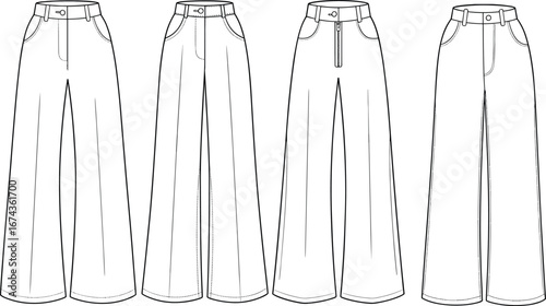Set of wide leg women’s pants flat sketches, stylish high waist trousers designs, fashion technical drawing for clothing and apparel.