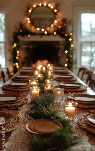 Elegant Dining Setup for a Cozy Holiday Gathering With Candles and Greenery.