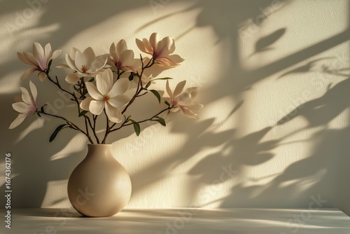 Beautiful Magnolia Flowers in a Vase Casting Delicate Shadows on a Wall in Wa...