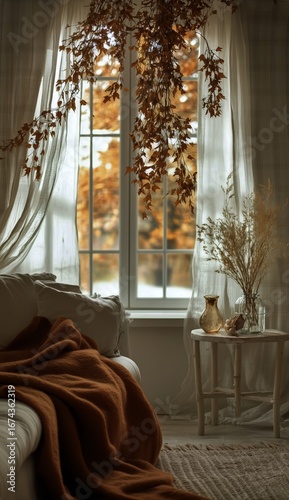 Cozy Autumn Interior With Warm Colors and Natural Light Streaming Through the...