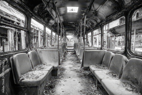 Abandoned Bus Interior in Black and White