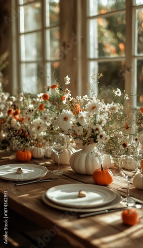 Elegant Autumn Table Setting With Seasonal Flowers and Pumpkins Beside Large ...