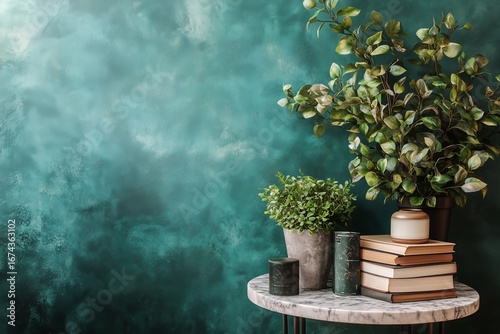 Stylish Arrangement of Plants and Books on a Table Against a Textured Teal Wa...