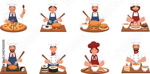 Cartoon chefs cooking pizza, sushi, burgers, soup, and desserts in kitchen with utensils, hats, aprons, and various food items.