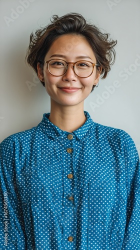 Smiling Woman Wearing Blue Polka Dot Dress With Glasses in Indoor Setting