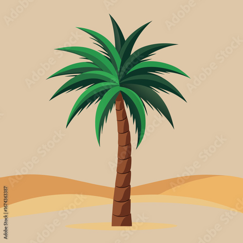 Vibrant palm tree stands tall amidst rolling desert dunes, evoking feelings of tropical escape and serene isolation