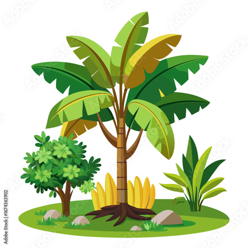 Vibrant tropical garden scene bursting with lush green foliage and exotic plants, showcasing a majestic banana tree and diverse flora, perfect for nature themes.