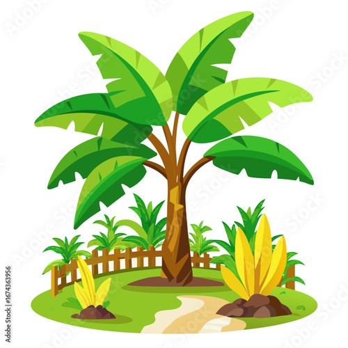 Vibrant tropical garden oasis with lush green banana leaves, a winding path, and a charming wooden fence, perfect for nature or vacation themes
