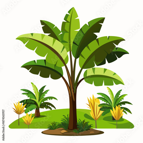 Lush tropical jungle scene bursts with vibrant green foliage and exotic yellow flora, evoking a sense of paradise and natural beauty perfect for travel or nature themes.