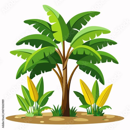Vibrant tropical banana tree with lush green leaves and bright yellow foliage, evoking a sense of paradise and natural beauty for engaging designs and content