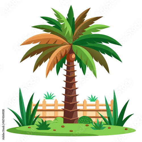 Vibrant tropical palm tree with lush green foliage and a rustic wooden fence in a sunny garden setting, evoking a peaceful summer vacation vibe and natural beauty.
