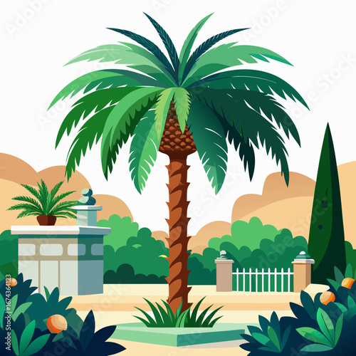 Vibrant tropical oasis with lush palm trees, exotic foliage, and stylish modern architecture creating a serene escape, perfect for vacation and resort themes.