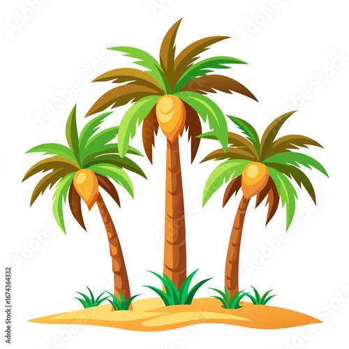 Three vibrant palm trees laden with coconuts stand tall on a sandy island, evoking tropical paradise and vacation dreams for summer travel and beach relaxation