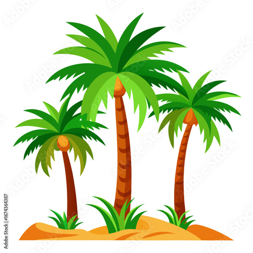 Vibrant tropical palm trees with lush green fronds stand tall on golden sand dunes, evoking a warm, sunny vacation paradise perfect for travel and summer themes.