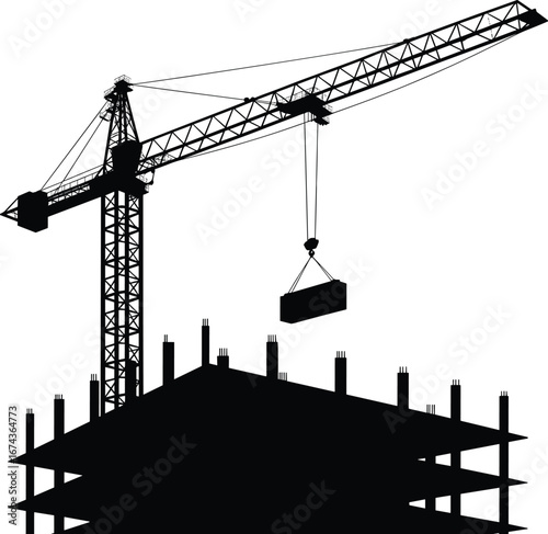 Silhouette construction crane lifting load, building under construction, heavy equipment, industrial site, urban development, black and white vector illustration design