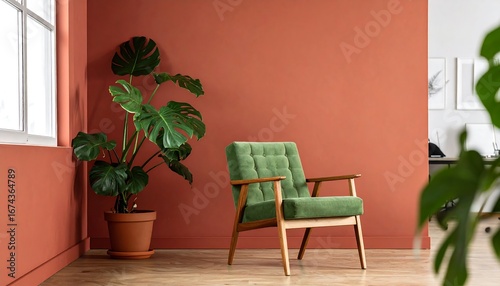 Modern room with a lush plant and comfortable chair