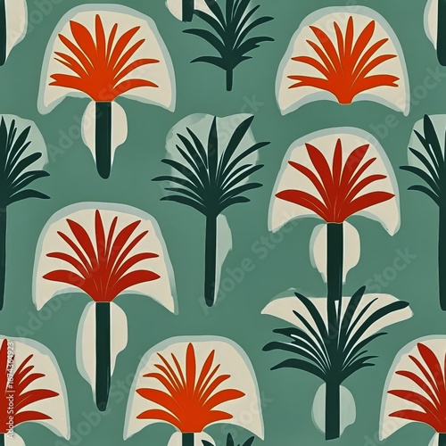 Stylized Botanical Pattern Featuring Red Flowers and Green Foliage on a Muted...