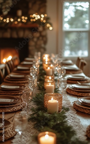 Elegant Dining Setup for a Cozy Holiday Gathering With Candles and Greenery