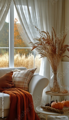 Cozy Autumn Living Room With Warm Colors and Natural Elements Near Fields