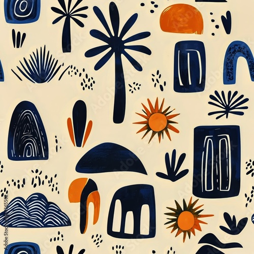 Colorful Abstract Design Featuring Palm Trees and Geometric Shapes on a Light...