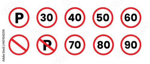 Speed limit 30,40,50,60,70,80,90 and no parking road signs vector illustration, no parking sign