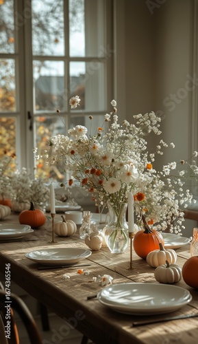 Cozy Autumn Dining Setup With Pumpkins and Flowers in Warm Sunlight