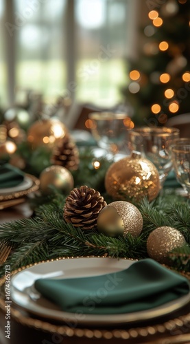 Festive Holiday Table Setting With Ornaments, Candles, and Pinecones During W...