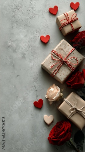 Gift Boxes and Red Roses Arranged on a Textured Surface for a Special Occasion.