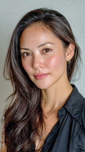 Woman With Long Dark Hair in a Black Top Poses for a Close-Up Portrait Indoors