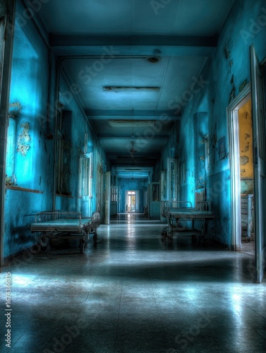 Abandoned Hospital Corridor with Blue Walls