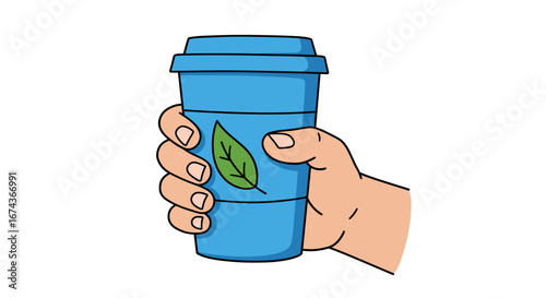 Hand holding reusable coffee cup eco friendly travel mug with leaf logo for sustainable lifestyle -