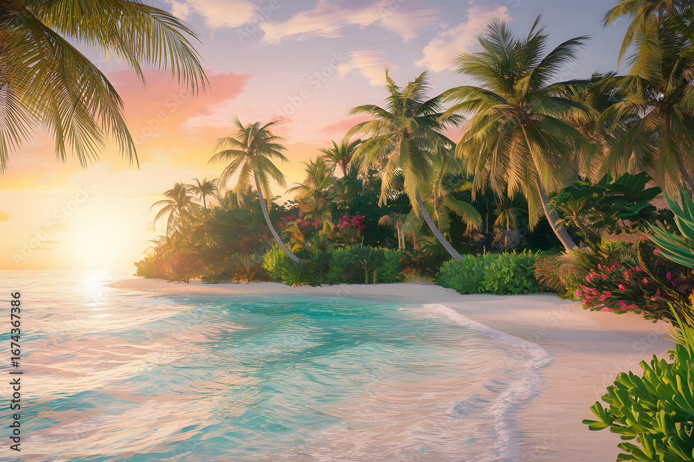 Fototapeta premium Stunning Tropical Island Beach at Sunrise. AI Generated 