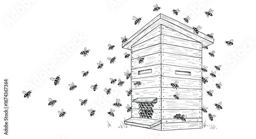 Illustration of beehive with bees flying around it, perfect for beekeeping and honey production design -