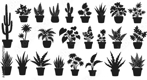 Collection of black silhouette houseplants in pots vector illustration for home decor and design projects -
