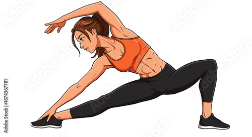 Illustration of woman stretching exercise for flexibility training and fitness routine workout at home or gym -