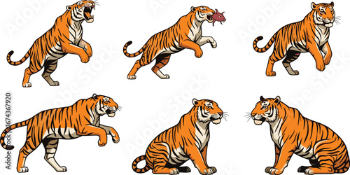 Cartoon Tiger Vector Set – Roaring, Sitting, Leaping, Walking Jungle Animal Poses for Wildlife, Nature, Kids, Mascot, and Design Use