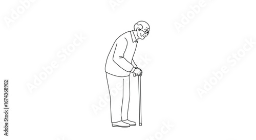 Illustration of elderly man with cane, senior citizen walking stick drawing, old age healthcare line art design -