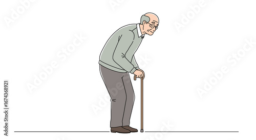Illustration of elderly man with cane depicting aging health and mobility challenges in senior lifestyle -