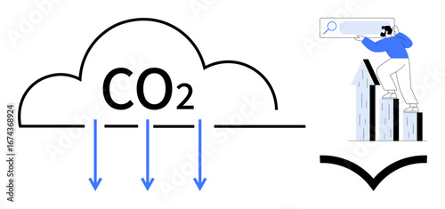 CO2 cloud with downward arrows alongside a man on rooftops using a search bar. Ideal for climate change, pollution, global warming, emissions, environment, sustainability, education. Simple flat
