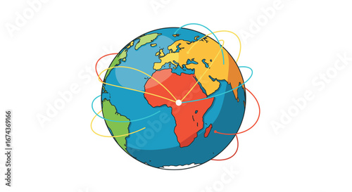 Cartoon globe showing global connections and communication network with africa at the center of the world -