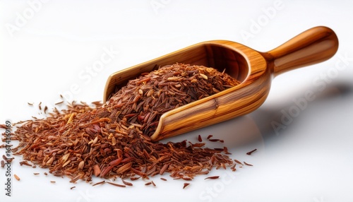 scoop of rooibos tea on white background highlighting the natural richness of this herbal infusion