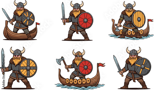 Cartoon Viking Warriors with Swords, Axes, Shields, and Longships – Historical Battle Vector Set for Culture, Fantasy, and Game Design