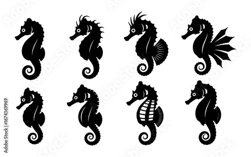 Vector art of bundle the eight black silhouette seahorse set illustrations design templates.