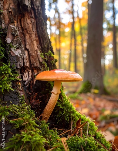 Orange mushroom on forest floor