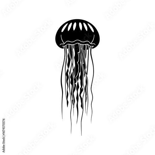 Vector art of a black silhouette of a jellyfish illustration design template, isolated on a white background. 