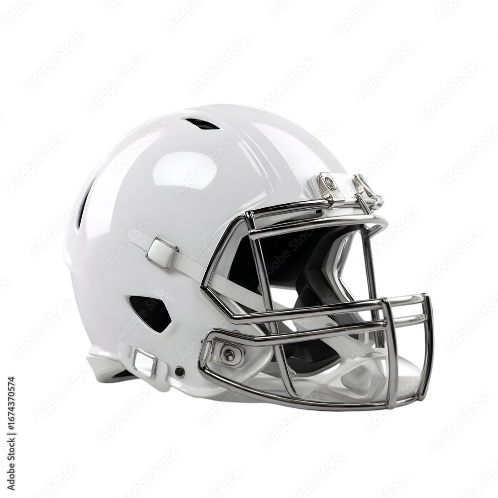 Fototapeta premium A clean white american football helmet with a clear face mask and chrome accents isolated on transparent background